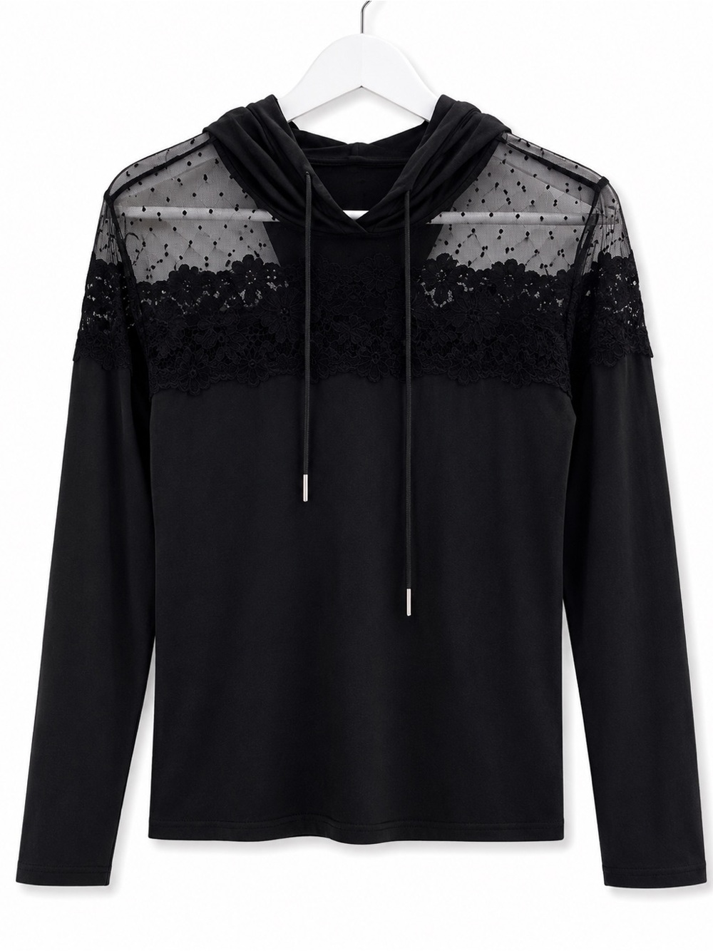 SHEIN Black Lace Mesh Hooded Long Sleeve Top Size Small